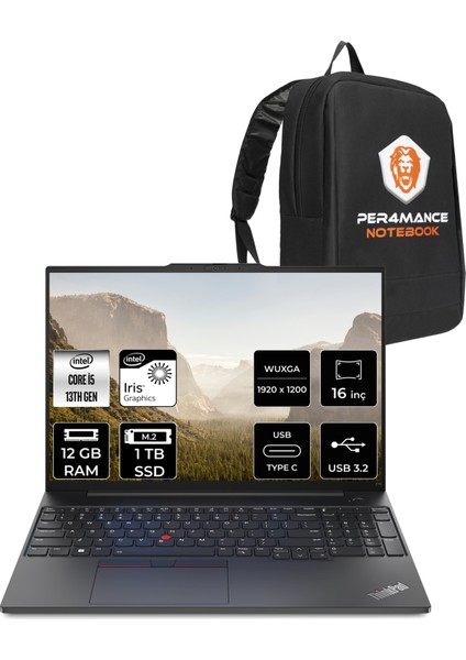 Thinkpad E16 Intel Core I5 1335U 12GB 1tb SSD 16" Fhd+ Fdos Taşınabilir Bilgisayar & Per4 Çanta 21JN0008TXP306