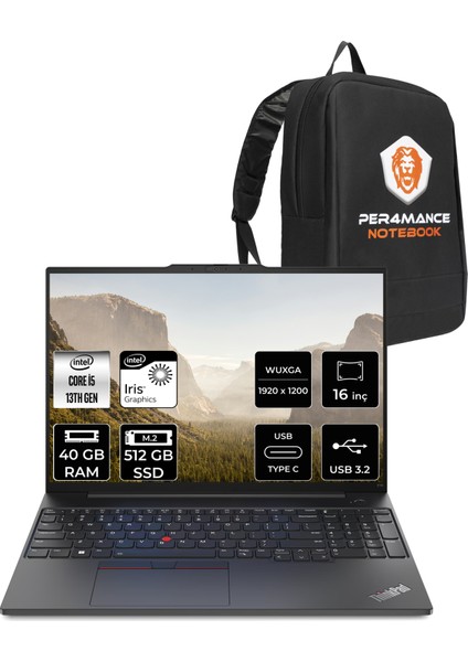 Thinkpad E16 Intel Core I5 1335U 40GB 512GB SSD 16" Fhd+ Fdos Taşınabilir Bilgisayar & Per4 Çanta 21JN0008TXP314