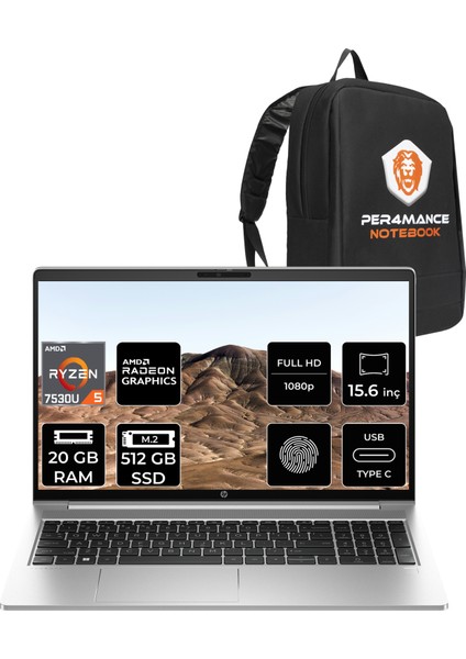 Probook 455 G10 Amd Ryzen 5 7530U 20GB 512GB SSD 15.6" Fhd Fdos Taşınabilir Bilgisayar & Per4 Çanta 854S1ESPN317