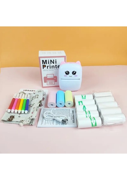 Taşınabilir Kablosuz Termal Etiket Yazıcısı Sevimli Karikatür Tasarımı USB Şarj Edilebilir Mini Yazıcı | Kompakt Cihaz - Pembe