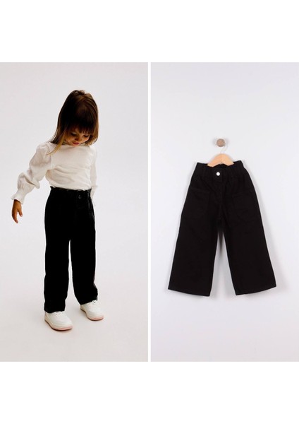 Siyah Wide Leg Kız Çocuk Oversize Kesim Kot Pantolon
