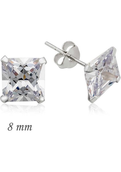 925 Ayar Gümüş Kare Tek Taş Zirkon Küpe - 8 mm