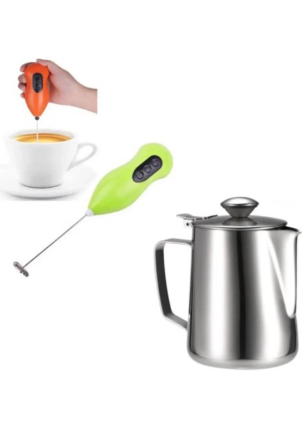 Süt Potu Kapaklı 500 ml Çelik ve Kahve Köpürtücü Pilli 2li Mini Mikser Latte Süt Potu Kapaklı