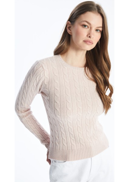 Saç Örgü Detaylı Bisiklet Yaka Yumuşak Dokulu Slim Fit Ince Triko - Pudra Renk