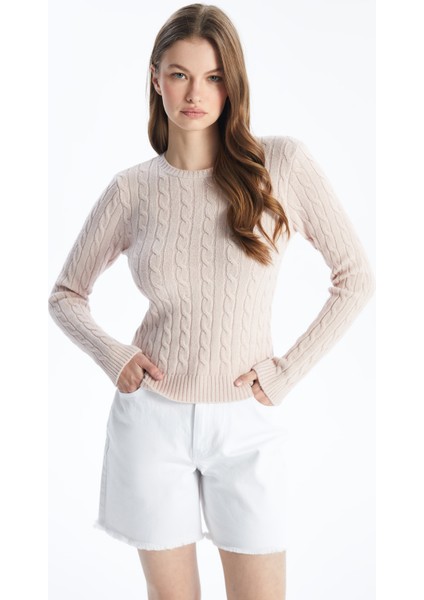 Saç Örgü Detaylı Bisiklet Yaka Yumuşak Dokulu Slim Fit Ince Triko - Pudra Renk fiyatları