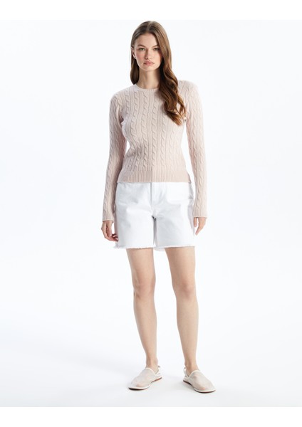 Saç Örgü Detaylı Bisiklet Yaka Yumuşak Dokulu Slim Fit Ince Triko - Pudra Renk modelleri