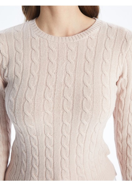 Saç Örgü Detaylı Bisiklet Yaka Yumuşak Dokulu Slim Fit Ince Triko - Pudra Renk fırsatları