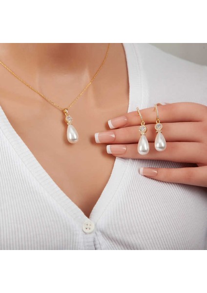 925 Ayar Gümüş Gold Damla Inci Kadın Set