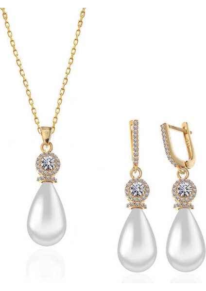 925 Ayar Gümüş Gold Damla Inci Kadın Set fiyatları