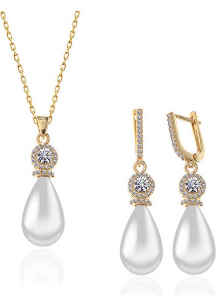 925 Ayar Gümüş Gold Damla Inci Kadın Set modelleri