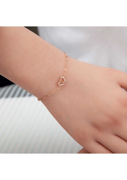 925 Ayar Gümüş Rose Birleşmiş Kalpler Kadın Bileklik