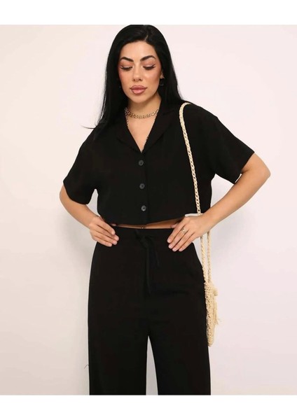 Lavida Butik Kadın Ceket Yaka Crop Düğmeli Pantolonu Cepli Alt-Üst Keten Takım fiyatları