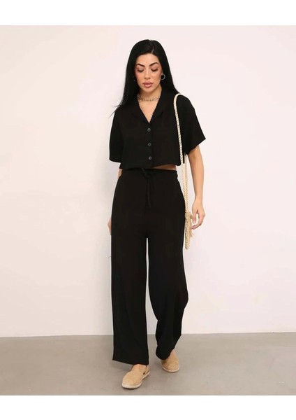 Lavida Butik Kadın Ceket Yaka Crop Düğmeli Pantolonu Cepli Alt-Üst Keten Takım modelleri
