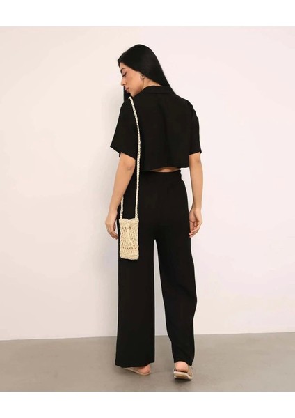 Lavida Butik Kadın Ceket Yaka Crop Düğmeli Pantolonu Cepli Alt-Üst Keten Takım fırsatları