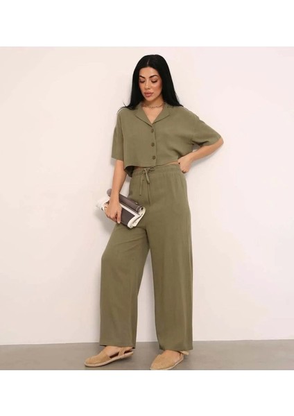 Lavida Butik Kadın Ceket Yaka Crop Düğmeli Pantolonu Cepli Alt-Üst Keten Takım