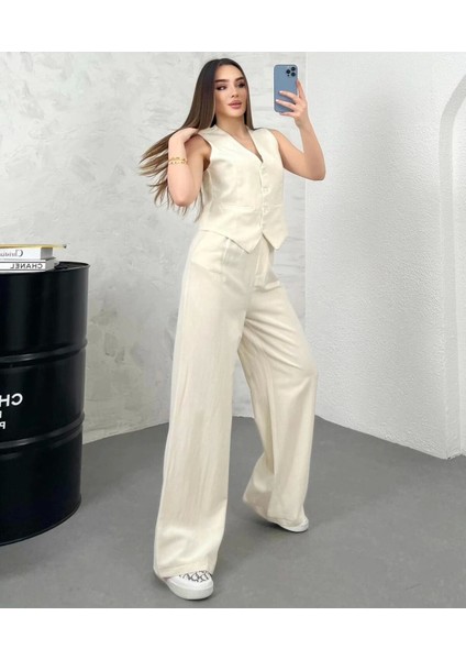 Lavida Butik Premium Yüksek Bel Bol Paça Pantolon Yelek Keten Takım modelleri