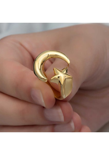 925 Ayar Gümüş Gold Ay Yıldız Kadın Yüzük fiyatları