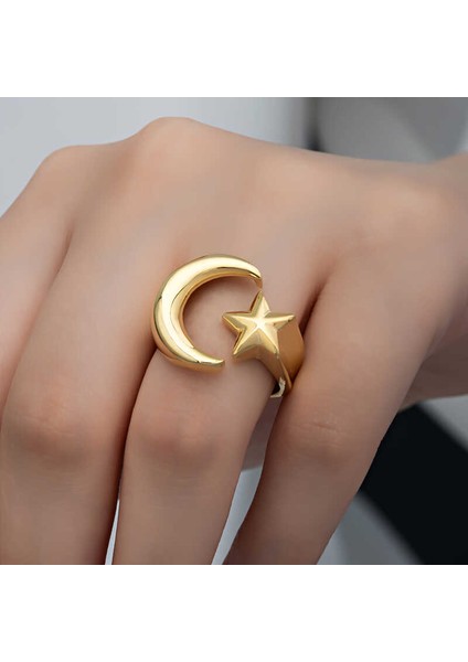 925 Ayar Gümüş Gold Ay Yıldız Kadın Yüzük modelleri