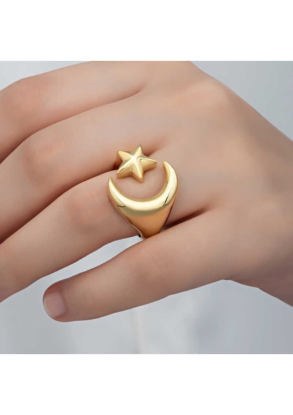 925 Ayar Gümüş Gold Ay Yıldız Kadın Yüzük indirimleri