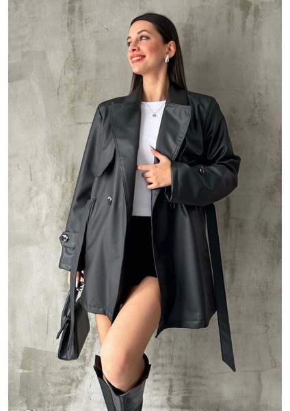 Zr Model Ara Boy Kemerli Deri Kadın Trençkot