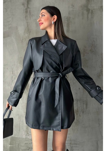 Zr Model Ara Boy Kemerli Deri Kadın Trençkot