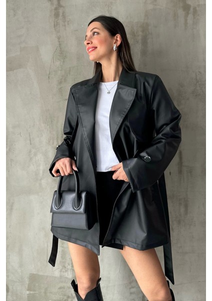 Zr Model Ara Boy Kemerli Deri Kadın Trençkot