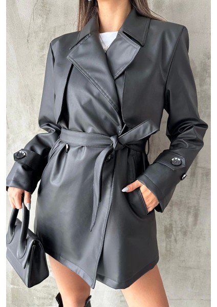 Zr Model Ara Boy Kemerli Deri Kadın Trençkot