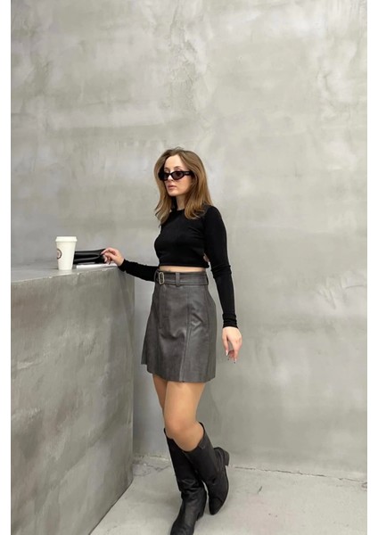 Lavida Kemer Detay Kadın Mini Deri Etek modelleri