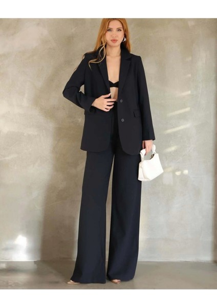 Astarlı Çift Düğme Blazer Ceket Cepli Bol Paça Pantolon Takım Elbise