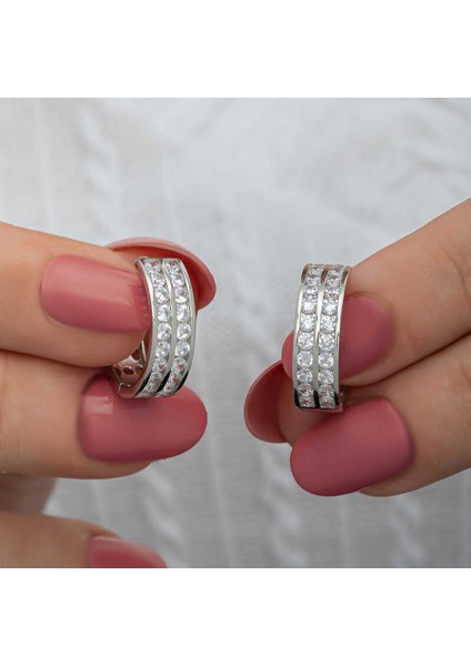 Gümüş Sıra Taşlı Halka Kadın Küpe modelleri