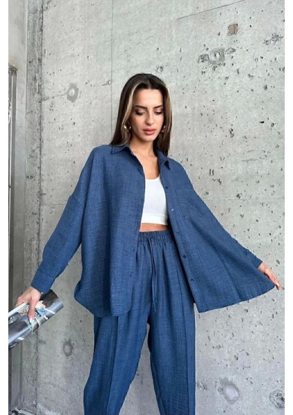 Kadın Ikili Keten Gömlek Bel Lastik Pantolon Alt Üst Takım modelleri