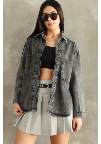 Lavida Kadın Çift Cepli Yıkamalı Oversize Denim Ceket