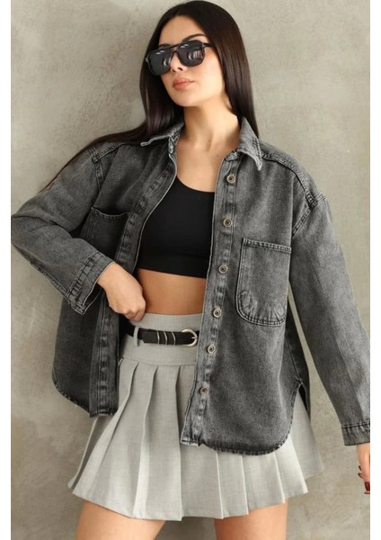 Lavida Kadın Çift Cepli Yıkamalı Oversize Denim Ceket