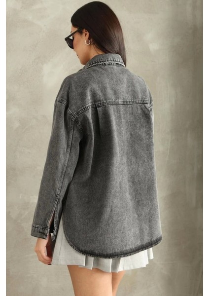 Lavida Kadın Çift Cepli Yıkamalı Oversize Denim Ceket