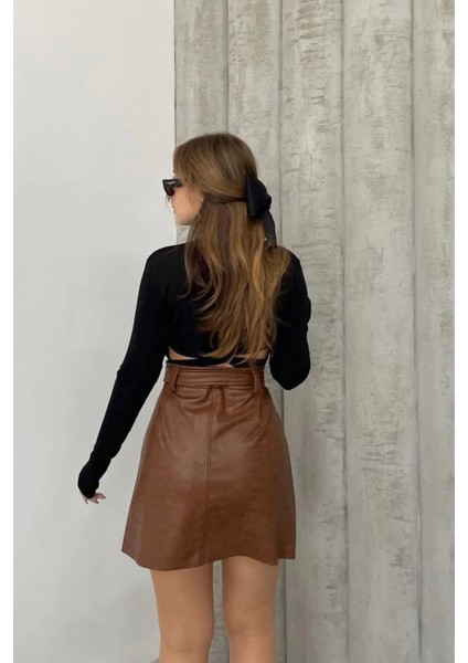 Lavida Kemer Detay Kadın Mini Deri Etek modelleri