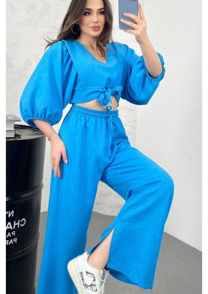 Lavida Kadın Keten Ön Bağlamalı Crop Gömlek Paça Yırtmaç Detay Alt Üst Takım modelleri