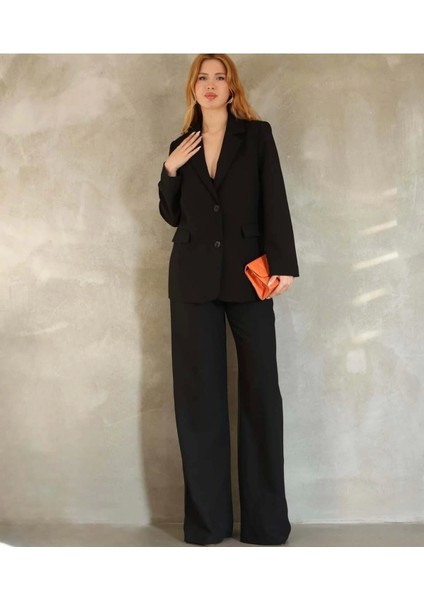 Astarlı Çift Düğme Blazer Ceket Cepli Bol Paça Pantolon Takım Elbise