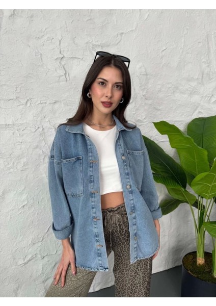 Lavida Kadın Çift Cepli Yıkamalı Oversize Denim Ceket