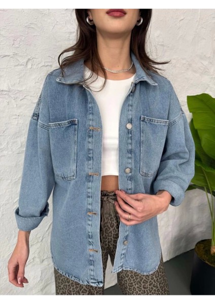 Lavida Kadın Çift Cepli Yıkamalı Oversize Denim Ceket