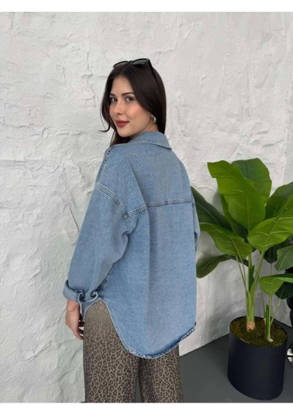 Lavida Kadın Çift Cepli Yıkamalı Oversize Denim Ceket