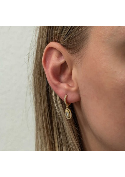 Gümüş Gold Oval Taşlı Sallantılı Küpe