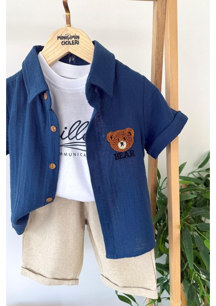 Müslin Bear Panç Işlemeli Erkek Çocuk 3 Lü şortlu takım - Mavi