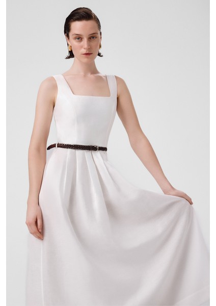 Ekru Kare Yaka Kemer Detaylı Uzun Elbise fiyatları