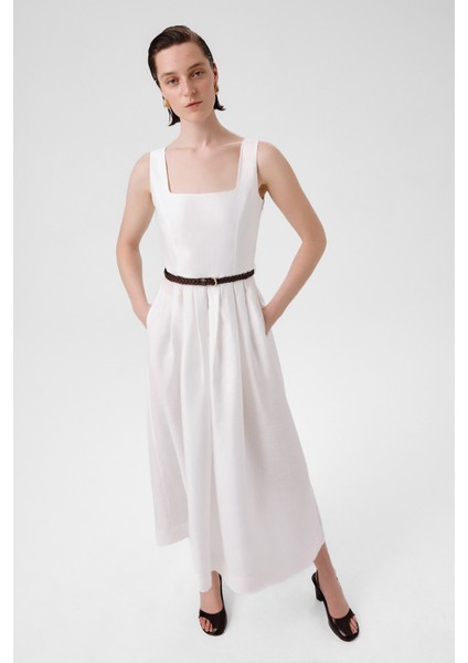 Ekru Kare Yaka Kemer Detaylı Uzun Elbise modelleri