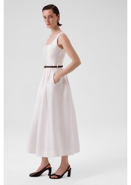 Ekru Kare Yaka Kemer Detaylı Uzun Elbise indirimleri