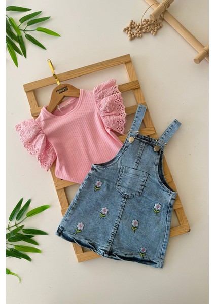 Çiçek Işlemeli Kot Salopetli Kız çocuk takım - Pembe