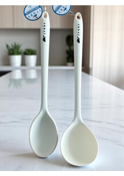 2'li SİLİKON35 cm Kepçe ve Kaşık Takım Beyaz Renk