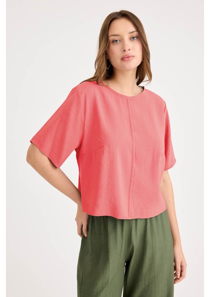 Yuvarlak Yaka Kısa Kol Crop Bluz