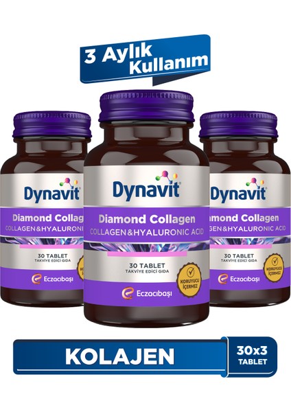 Diamond Collagen & Hyaluronic Acid 30 Tablet - 3'lü Avantaj Paketi -Tip 1 Balık Kolajeni