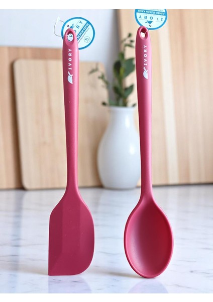 2'li SİLİKON35 cm Spatula ve Kaşık Takım Fuşya Renk